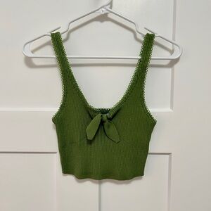 VICI Green Ribbed Knit Tie-Front Crop Top